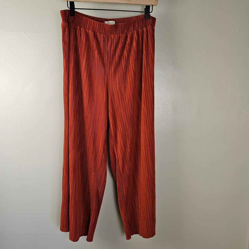 Madewell Plisse Crinkle Wide Leg Pull On Pants‎ Sz M Rust Orange Brown Flowy